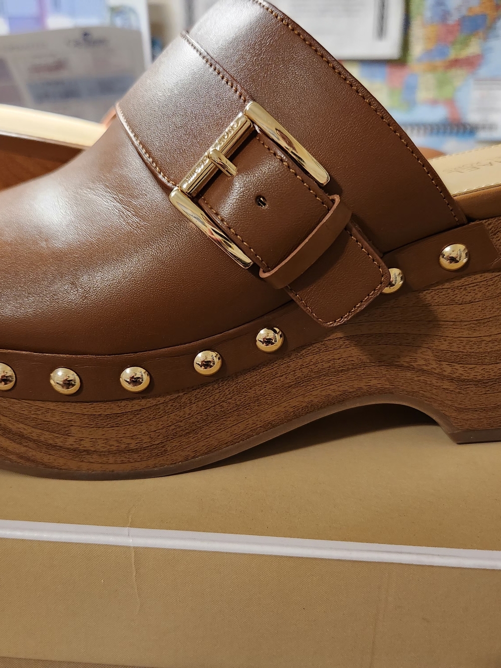 Michael Kors Brown Leather Studded Clog Mules with Gold Hardware